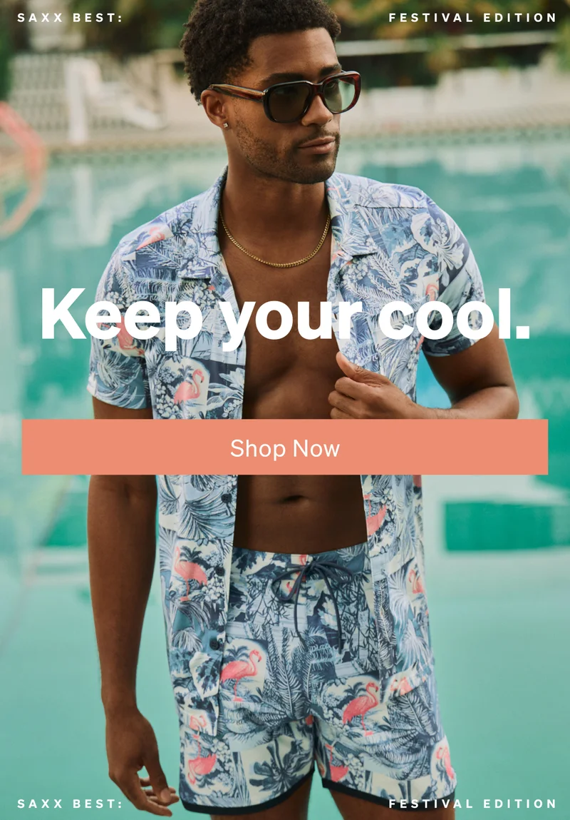 Man wearing tropical print shirt and swim shorts by a pool with “Keep your cool” text