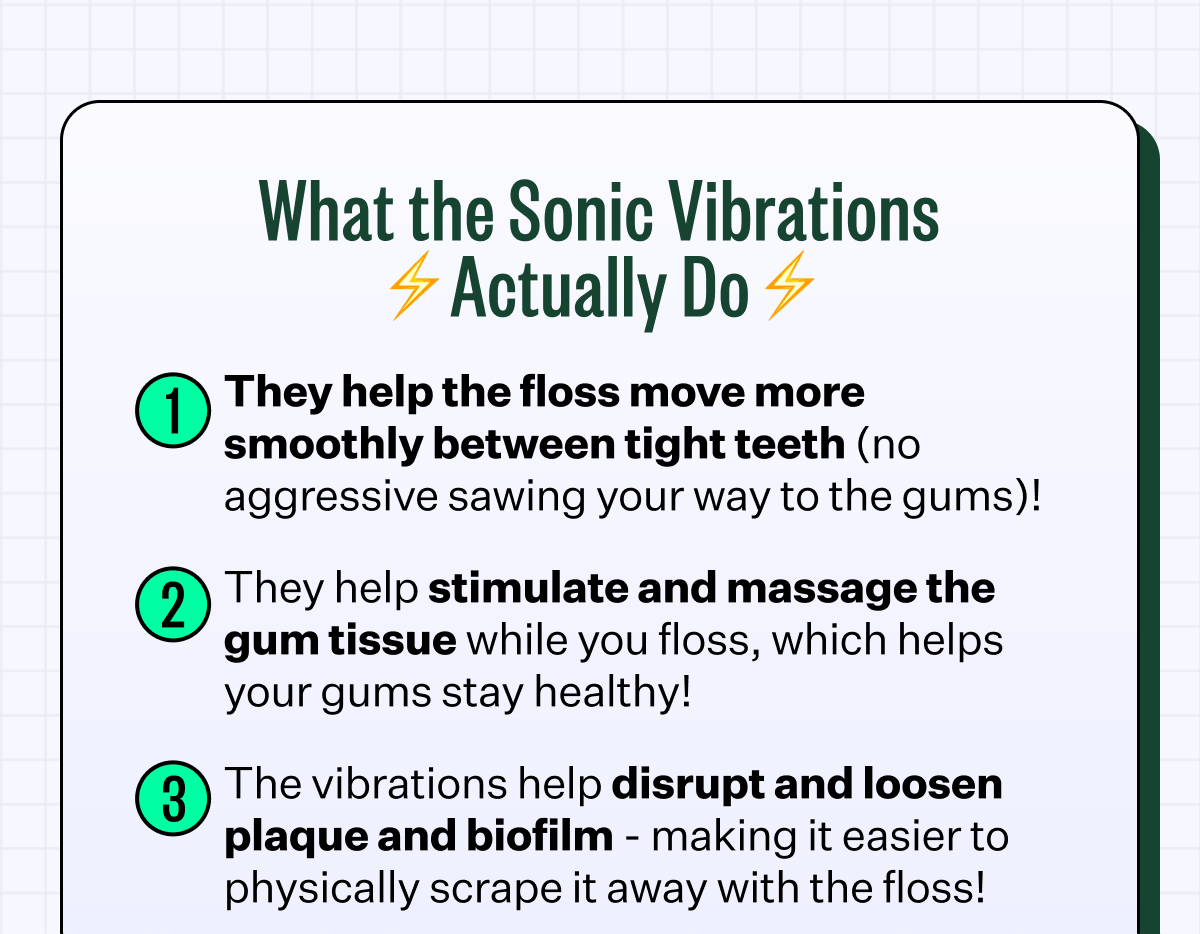 What the Sonic Vibrations Actually Do | 1. They help the floss move more smoothly between tight teeth (no aggressive sawing your way to the gums)! 2. They help stimulate and massage the gum tissue while you floss, which helps your gums stay healthy! 3. The vibrations help disrupt and loosen plaque and biofilm - making it easier to physically scrape it away with the floss!