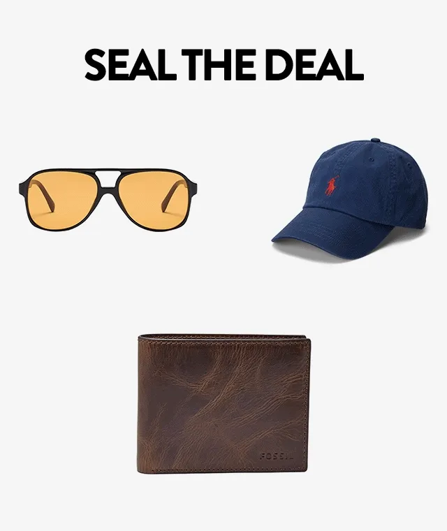 Baseball cap, scarf, watch, wallet, sunglasses and stacked bangles.