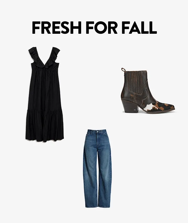 A product collage of clothing and shoes for men and women.