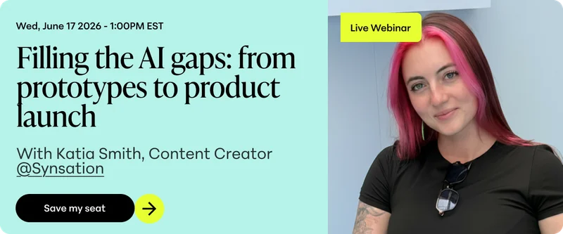 Webinar announcement image showing Katia Smith, Content Creator @Synsation, and details for a June 17, 2026 event on AI development, with a 'Save my seat' button.