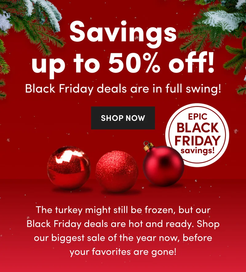 The nutribullet holiday sale offers 25%–50% off on everything from 11/20 to 12/4, featuring Christmas ornaments against a festive red background.
