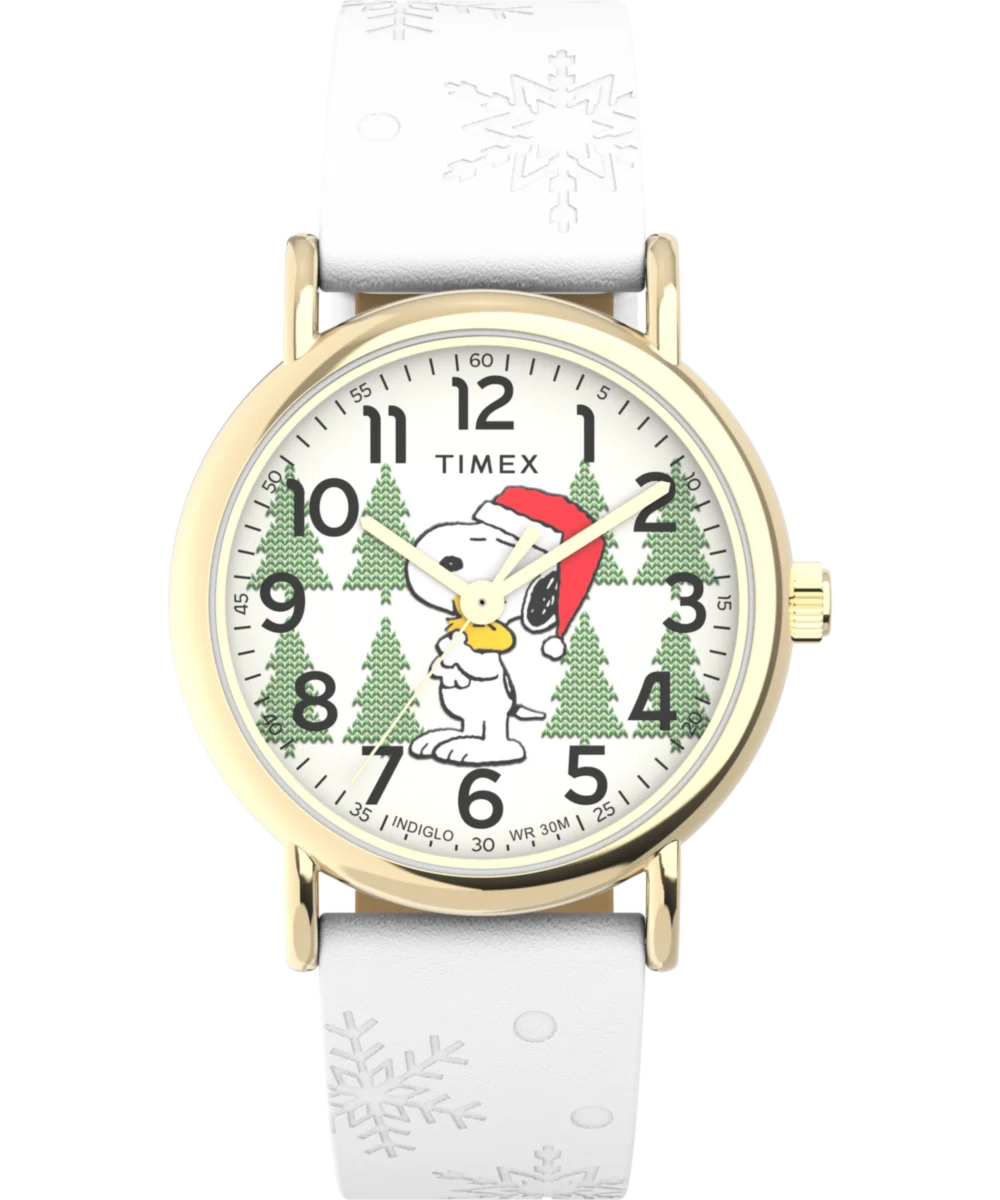 Image of Timex Weekender x Peanuts Holiday 38mm Leather Strap Watch