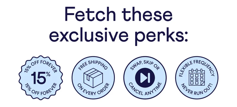 Fetch these exclusive perks: 15% off forever badge, free shipping on every order badge, swap, skip, or cancel anytime badge, flexible frequency/ never run out badge.