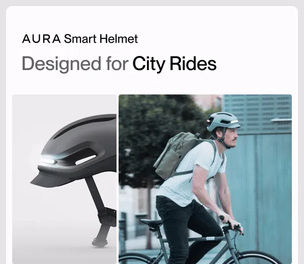 AURA Smart Helmet designed for city rides. Image shows helmet details and a cyclist wearing the helmet on an urban street, demonstrating safety and style.