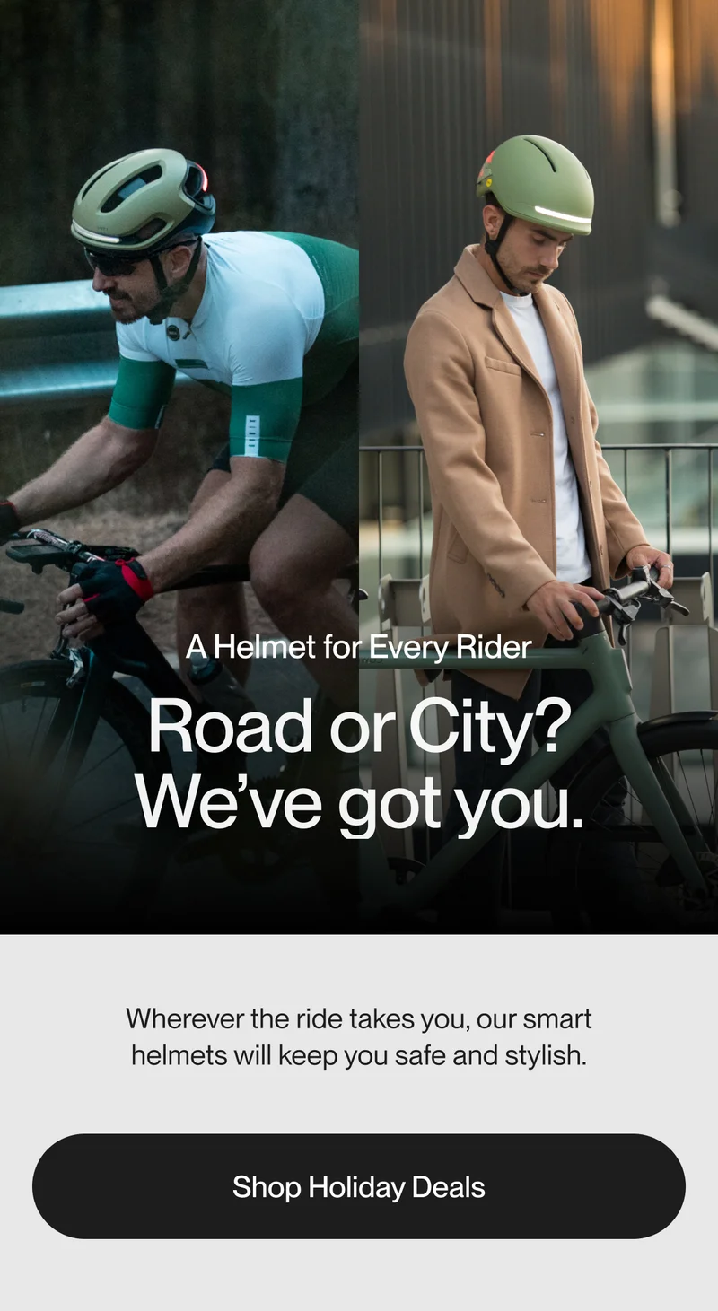 Two cyclists showcasing smart helmets for different riding styles, one in sports gear for road cycling and the other in casual wear for city commuting. Caption reads: 'A Helmet for Every Rider - Road or City? We’ve got you.'