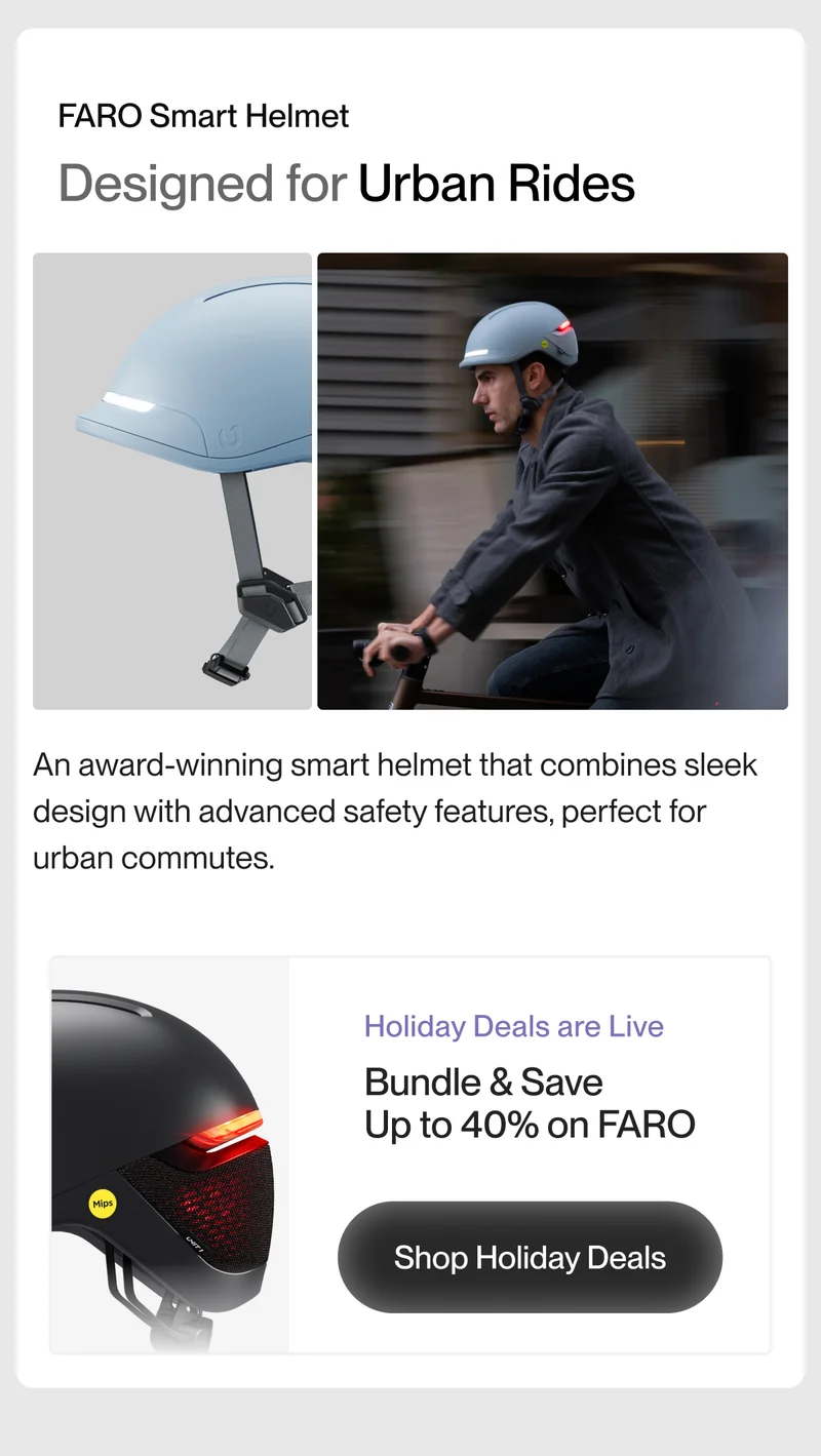 A next-gen AURA smart helmet with rear light illuminated, showcasing e-bike certification. Holiday deals banner with offer to bundle and save up to 40% on AURA.