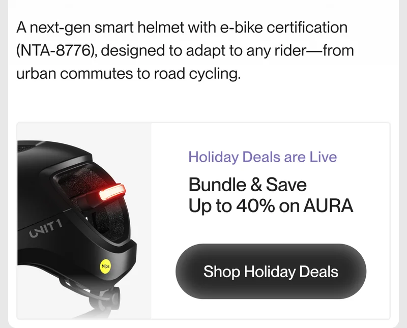 A next-gen AURA smart helmet with rear light illuminated, showcasing e-bike certification. Holiday deals banner with offer to bundle and save up to 40% on AURA.
