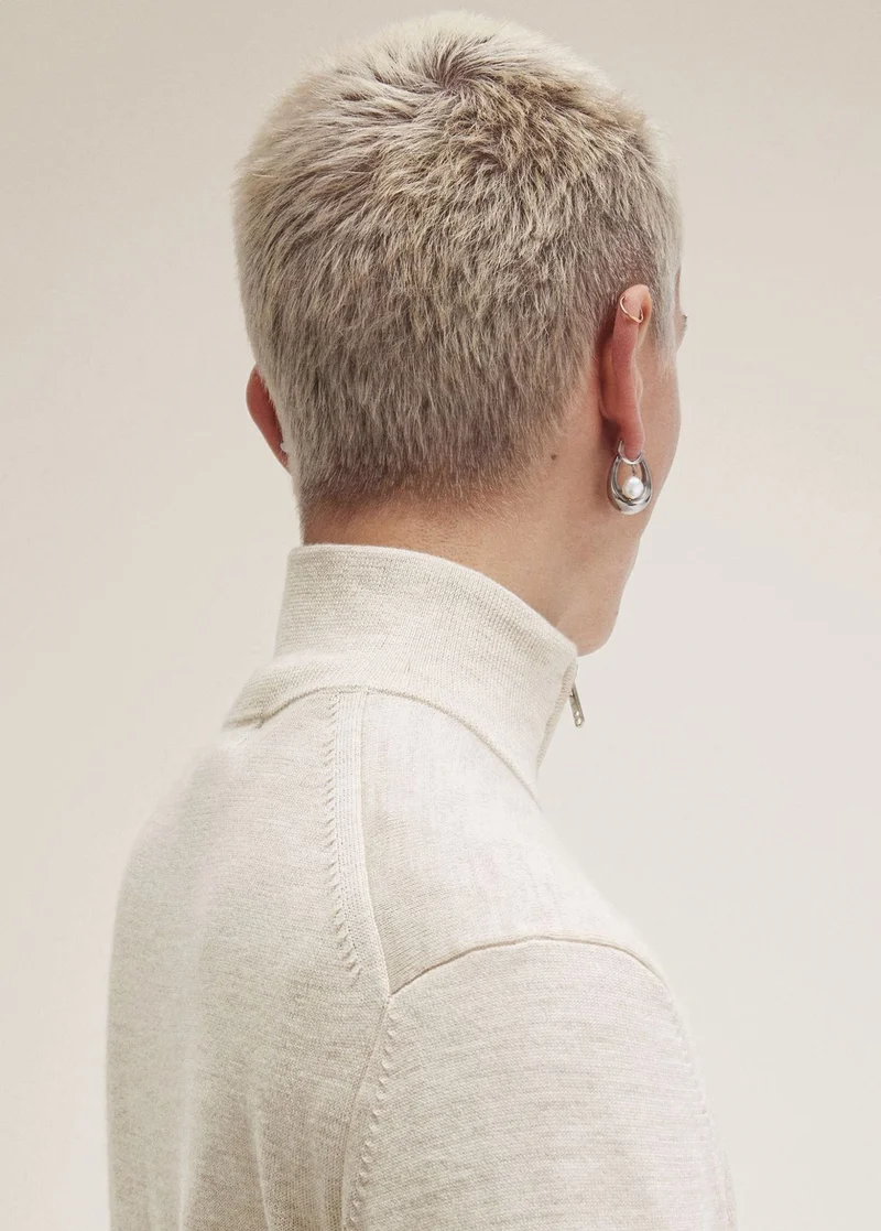 Merino Blend Knitwear - Fine Knit Zipped Sweatshirt in colour Oatmeal