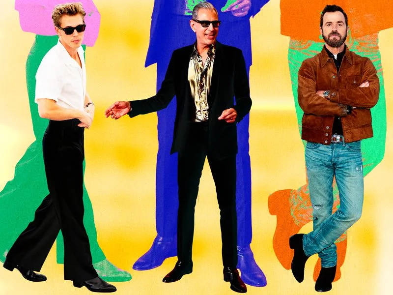 Image may contain: Austin Butler, Justin Theroux, Jeff Goldblum, Clothing, Coat, Jacket, Formal Wear, Suit, Pants, and Adult