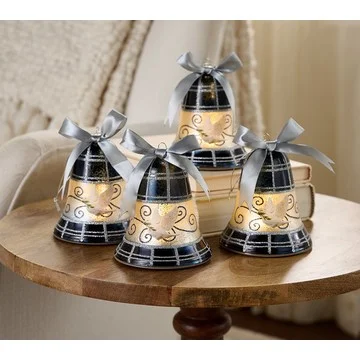 Set of 4 Illuminated Mercury Glass Plaid Bells by Valerie