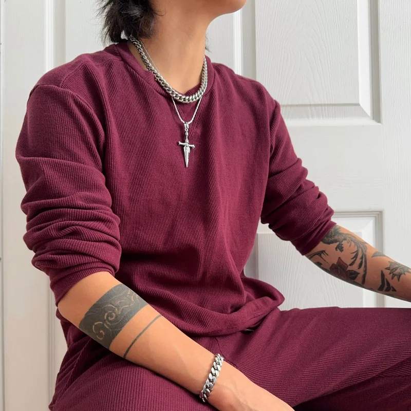 Image of Organic Cotton Waffle Long Sleeve Crew - Black Cherry