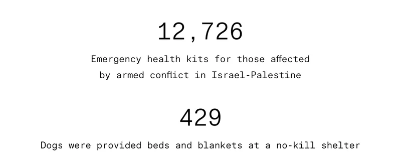 12,726 Emergency health kits for those affected by armed conflict in Israel-Palestine   |  429 Dogs were provided beds and blankets at a no-kill shelter