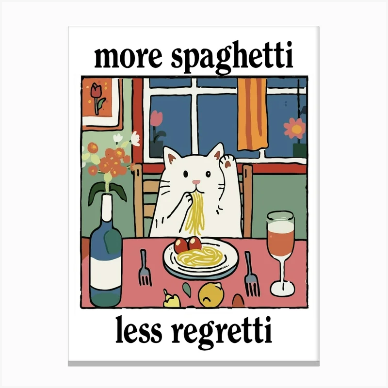 Image of More Spaghetti Less Regretti White Cat Print Retro Diner Poster Cartoon Dining Pasta Posters Italian Kitchen Canvas Print