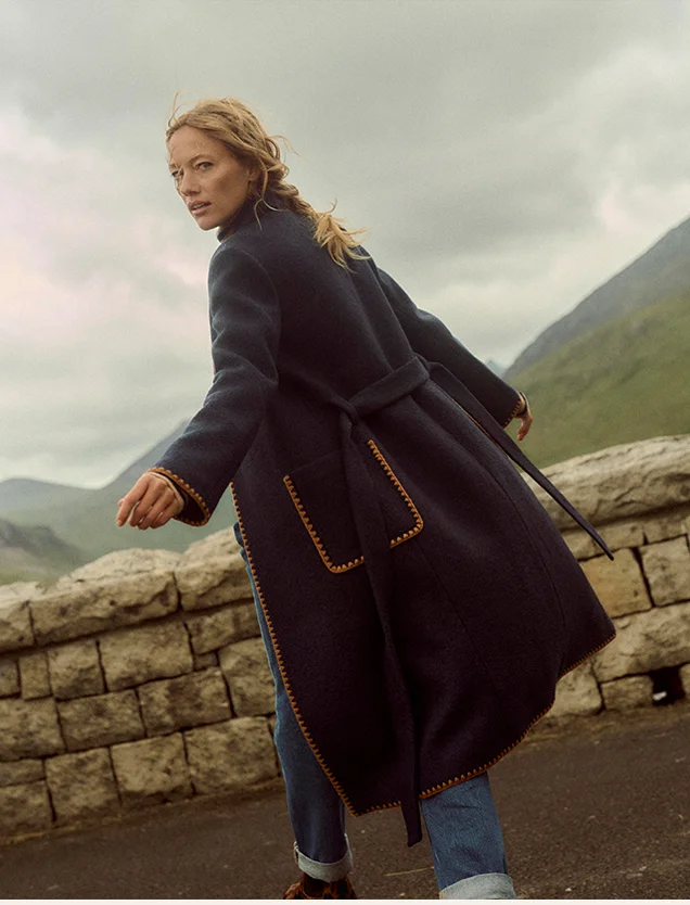 Blanket Stitch Wrap Coat - Navy