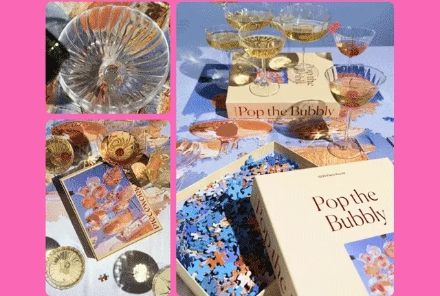 A toast to good times. Collage of images and video of pop the bubbly puzzle.