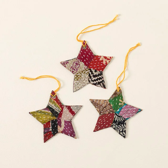 Repurposed Sari Star Ornaments: Set of 3