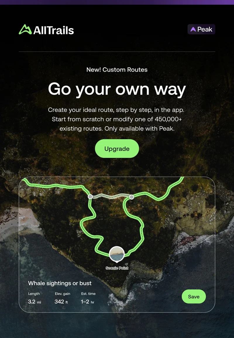 New! Custom Routes. Create your ideal route, step by step. Start from scratch or modify one of 450,000+ existing trails. Only available with Peak.