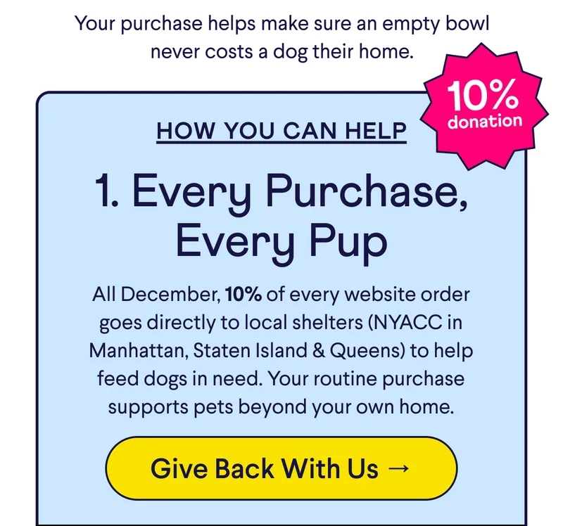 Text: Your purchase helps make sure an empty bowl never costs a dog their home. HOW YOU CAN HELP 1. Every Purchase, Every Pup All December, 10% of every website order goes directly to local shelters (NYACC in Manhattan, Staten Island & Queens) to help feed dogs in need. Your routine purchase supports pets beyond your own home. CTA: Give Back With Us →