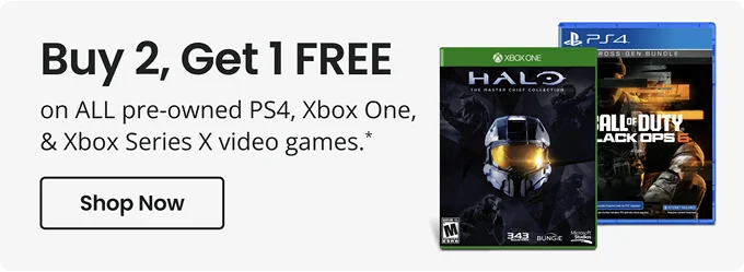 Buy 2, Get 1 Free on ALL pre-owned PS4, Xbox One, & Xbox Series X video games. Shop Now