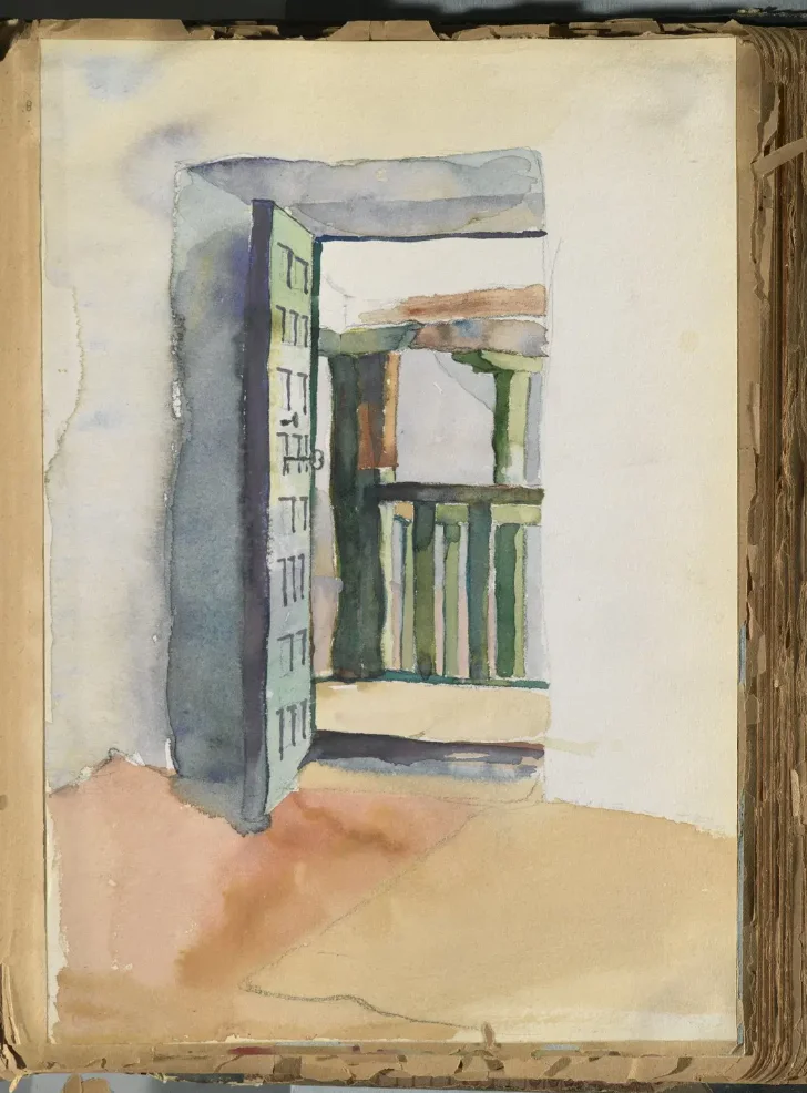 A watercolor painting of an open door