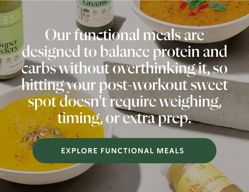 Our functional meals are designed to balance protein and carbs without overthinking it, so hitting your post-workout sweet spot doesn’t require weighing, timing, or extra prep.