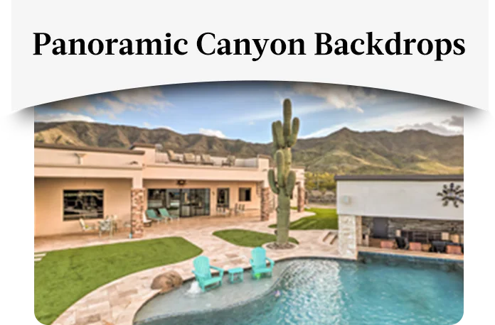 Get away to a gorgeous vacation rental with canyon views and perfect your swing in Mesa, Arizona.