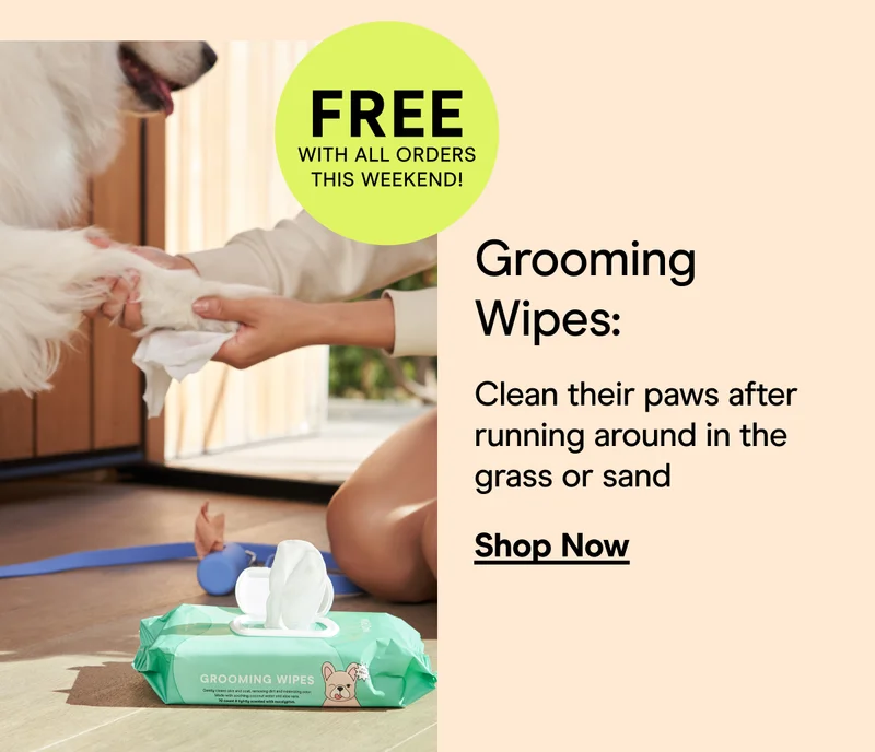 FREE with all orders this weekend! Grooming Wipes: Clean their paws after running around in the grass or sand Shop Now