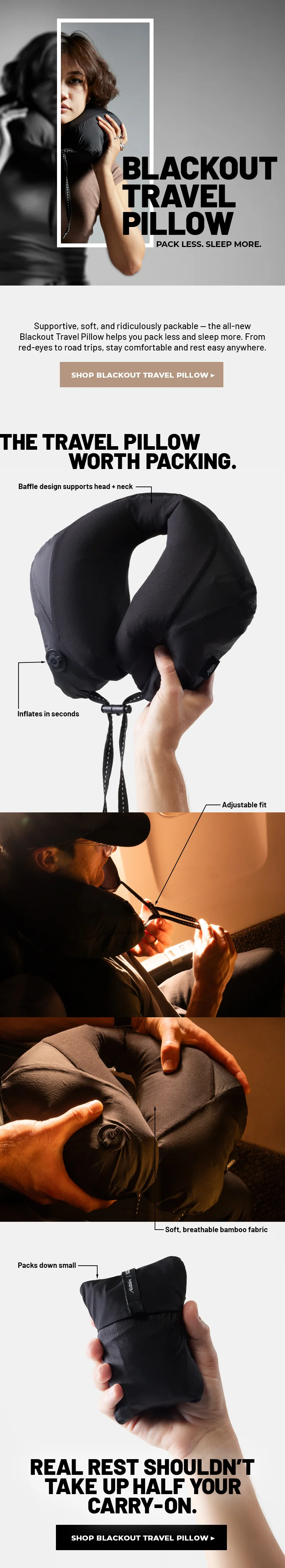 Blackout Travel Pillow. Pack Less. Sleep more