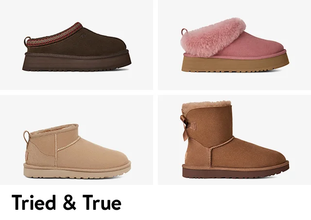 New from UGG: dark-brown slipper, pink shearling-trimmed slipper, tan short boot and brown boot.