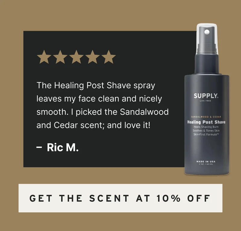 ⭐⭐⭐⭐⭐ "The Healing Post Shave spray leaves my face clean and nicely smooth. I picked the Sandalwood and Cedar scent; and love it!" -- Ric M.  [ Get the Scent at 10% Off ]