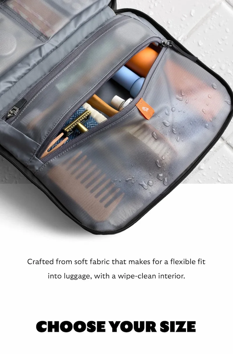 Crafted from soft fabric that makes for a flexible fit into luggage, with a wipe-clean interior.