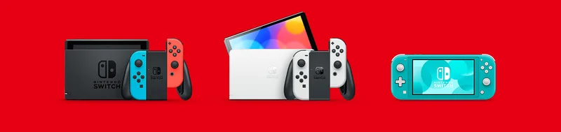 Nintendo Switch - Neon Blue + Neon Red Joy-Con, Nintendo Switch - OLED Model White set, and Nintendo Switch Lite - Turquoise