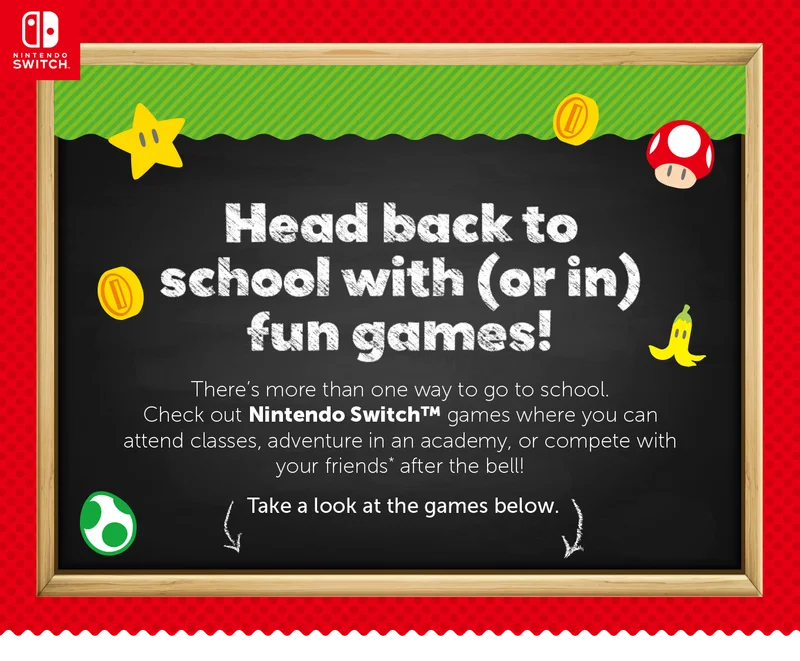 Head back to school with (or in) fun games! There’s more than one way to go to school. Check out Nintendo Switch™ games where you can attend classes, adventure in an academy, or compete with your friends* after the bell! Take a look at the games below.
