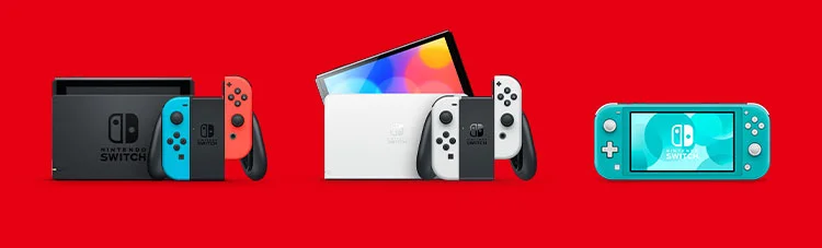 Nintendo Switch - Neon Blue + Neon Red Joy-Con, Nintendo Switch - OLED Model White set, and Nintendo Switch Lite - Turquoise