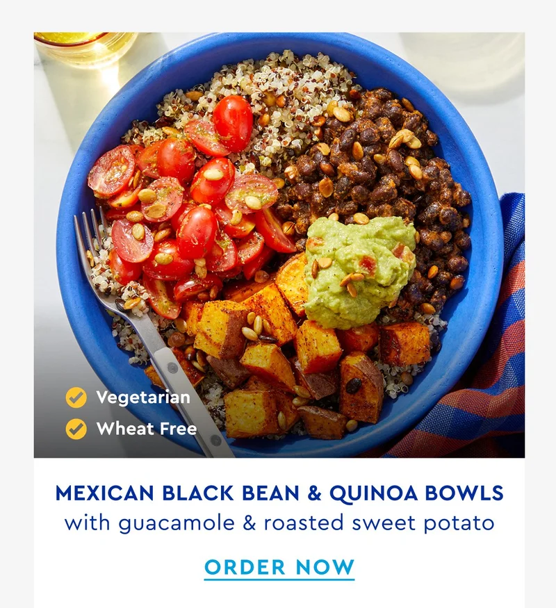 Mexican Black Bean & Quinoa Bowls with guacamole and roasted sweet potato | ORDER NOW