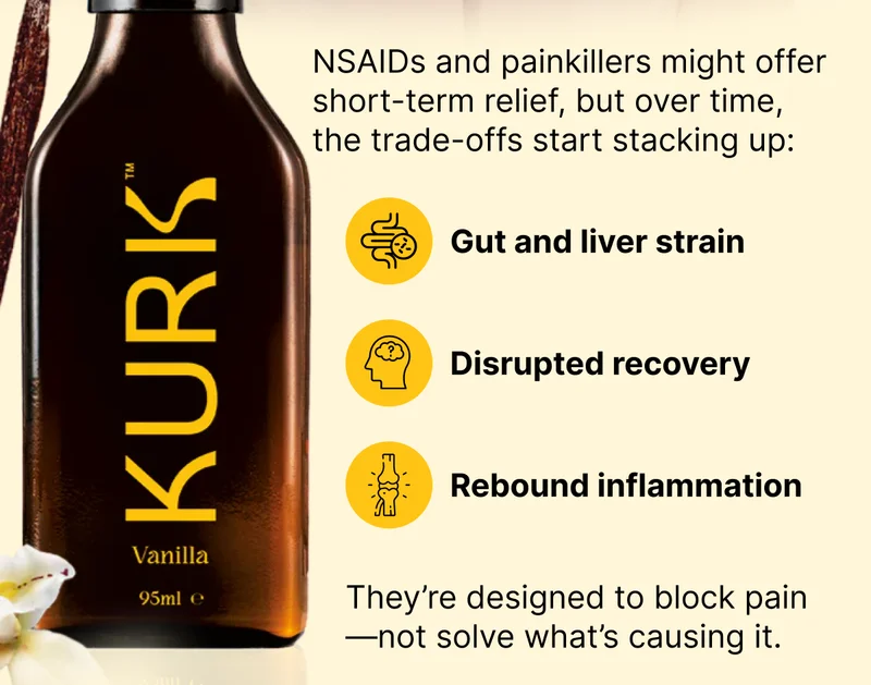 NSAIDs and painkillers might offer short-term relief, but over time, the trade-offs start stacking up: Gut and liver strain Disrupted recovery Rebound inflammation They’re designed to block pain—not solve what’s causing it.
