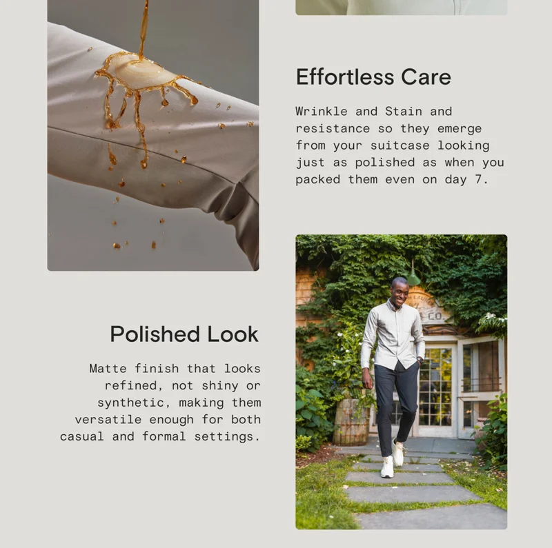 Effortless Care: Wrinkle and Stain and resistance so they emerge from your suit - Polished Look : matte finish that looks refined, not shiny or synthetic, making them versatile enough for both casual and formal settings.