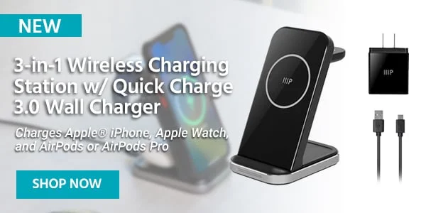 3 in 1 Wireless Charging Station for iPhone, Apple Watch, AirPods, Bundled with Quick Charge 3.0 Wall Charger