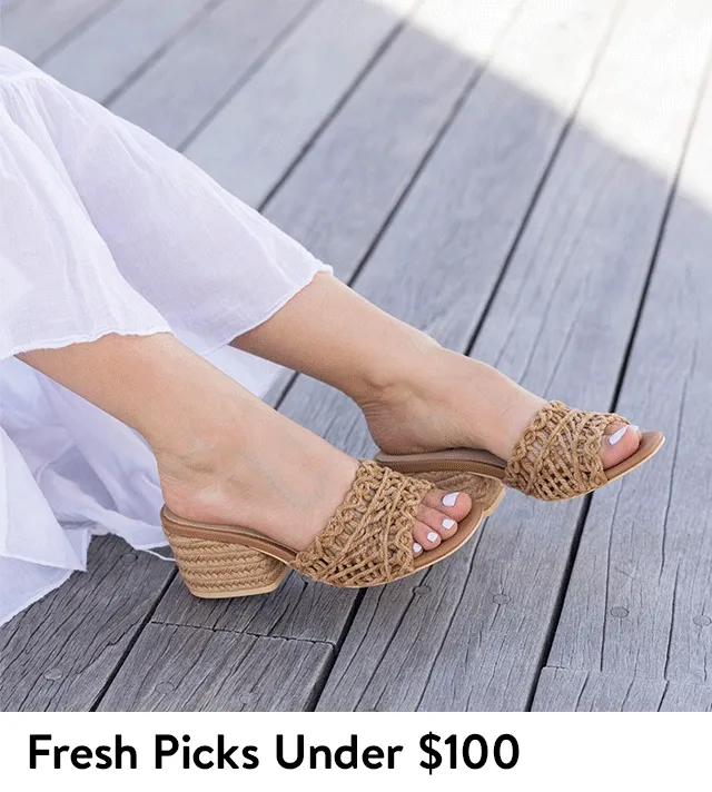 Red and white striped sandals and woven brown sandals.