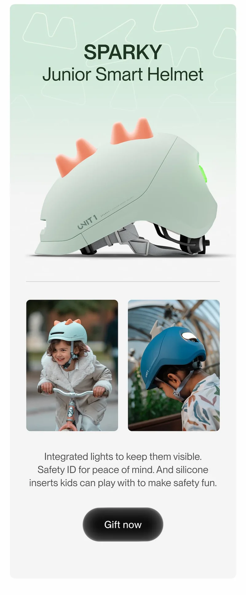 SPARKY Junior Smart Helmet by UNIT 1 for kids, featuring integrated lights, Safety ID, and playful silicone inserts, shown in product view and lifestyle images of children riding bikes, with a “Gift now” button.