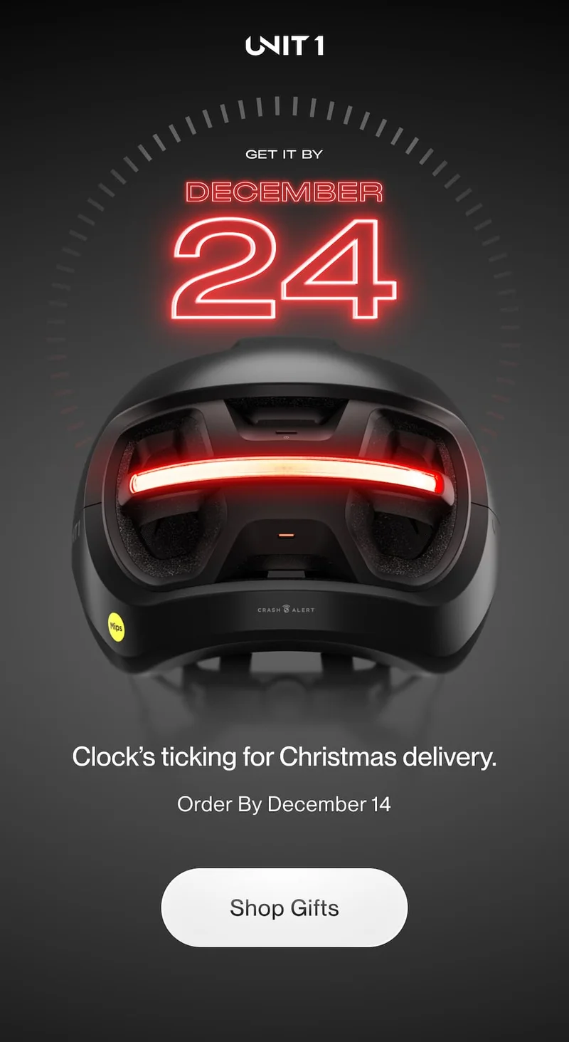 UNIT 1 smart helmet shown from the rear with integrated red light, highlighting Christmas delivery deadline text “Get it by December 24” and “Order by December 14,” with a “Shop Gifts” button.