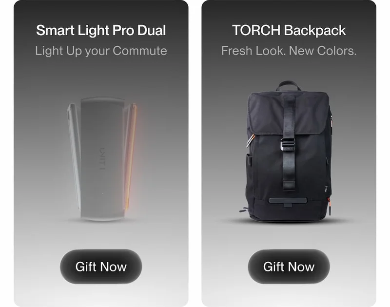 Side-by-side product cards featuring the UNIT 1 Smart Light Pro Dual with front and rear illumination and the TORCH Backpack in a clean studio setting, each with short descriptions and “Gift Now” buttons.