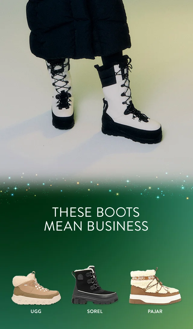 Woman wearing winter boots. Winter boots from UGG, SOREL and Pajar.
