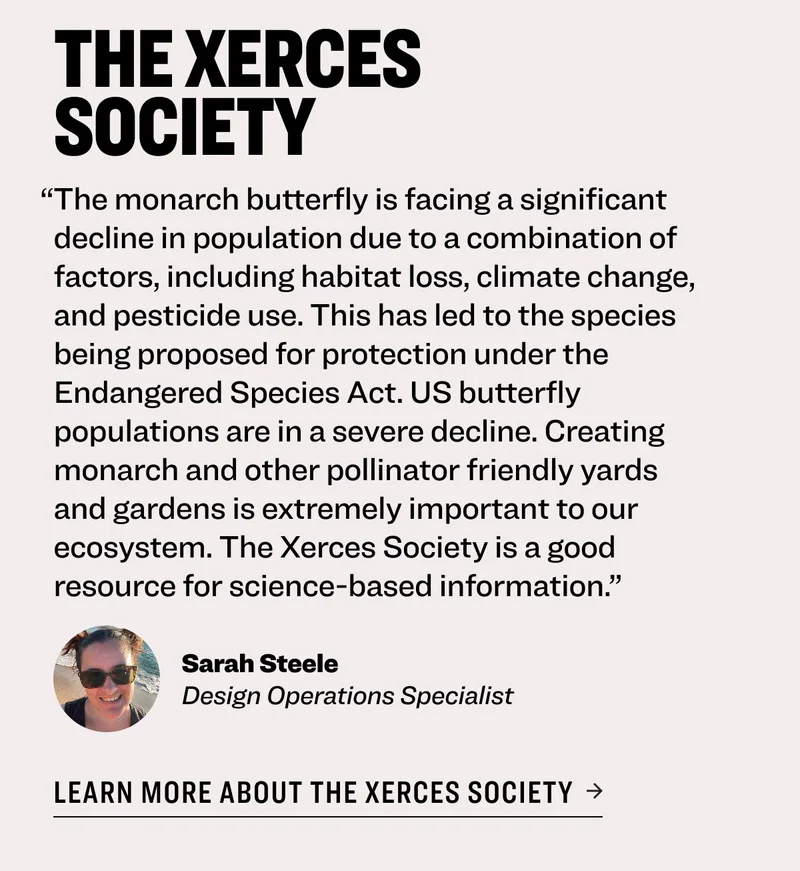 The Xerces Society “The monarch butterfly is facing a significant decline in population due to a combination of factors, including habitat loss, climate change, and pesticide use. This has led to the species being proposed for protection under the Endangered Species Act. US butterfly populations are in a severe decline. Creating monarch and other pollinator friendly yards and gardens is extremely important to our ecosystem. The Xerces Society is a good resource for science-based information.” Sarah Steele&nbsp; Design Operations Specialist Learn more about The Xerces Society