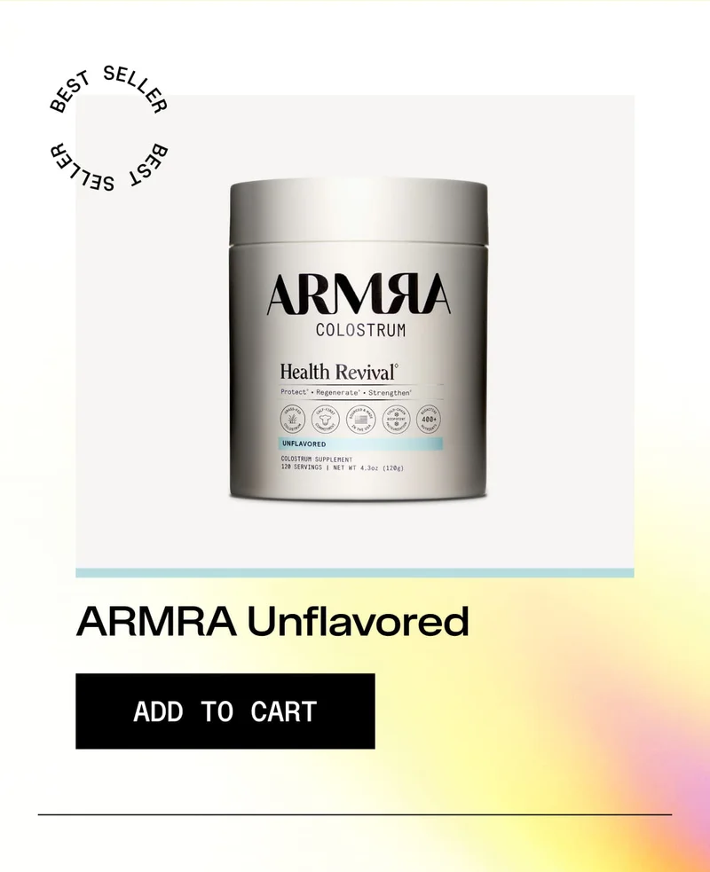 ARMRA Colostrum Health Revival container labeled unflavored, shown as a best seller with add-to-cart option.