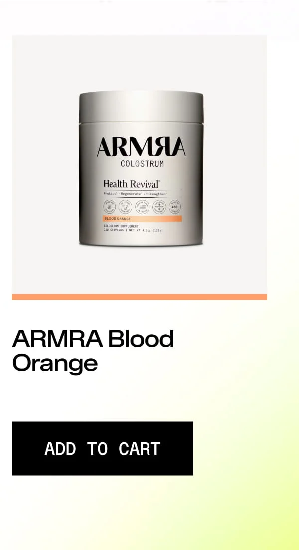 ARMRA Colostrum Health Revival Blood Orange container with add-to-cart button.