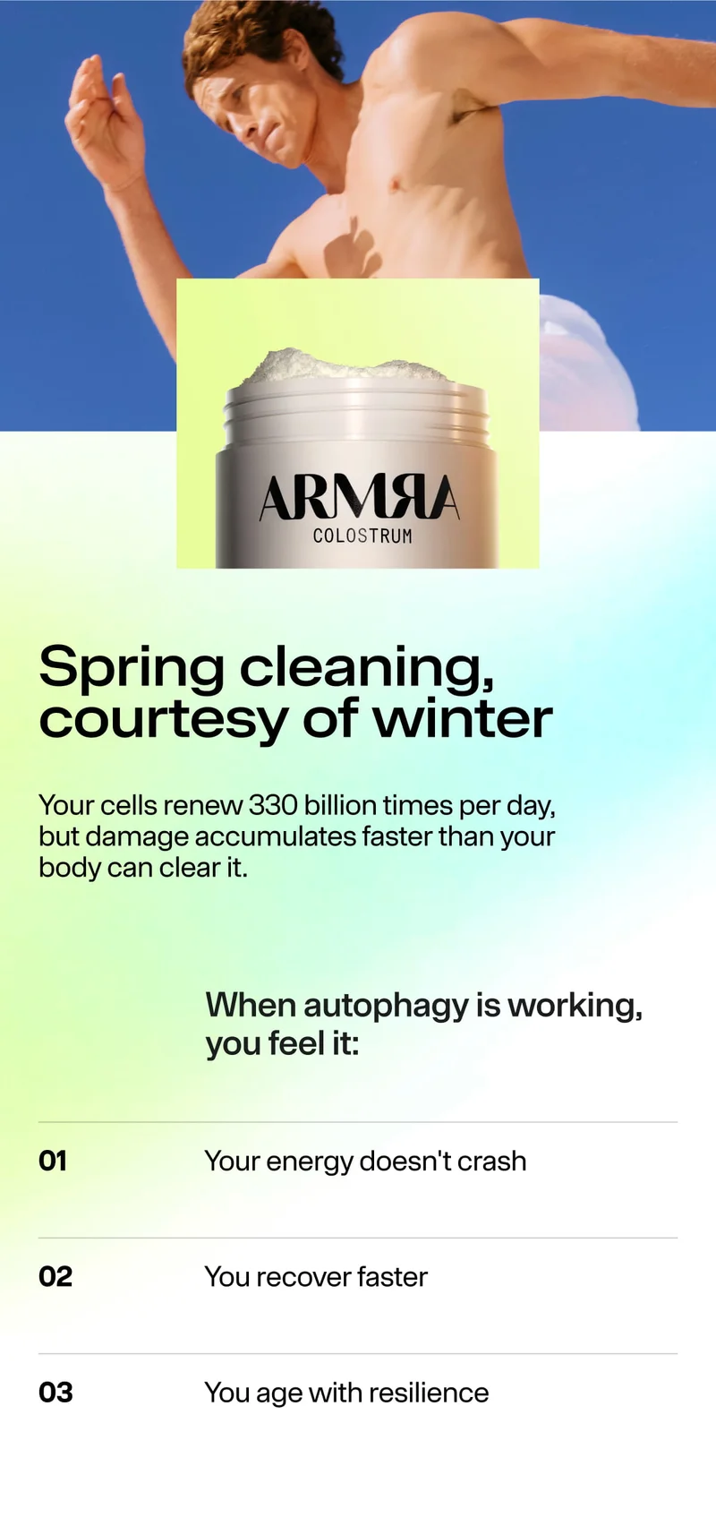 Shirtless person in motion against a blue sky above an ARMRA Colostrum container, introducing autophagy and seasonal cellular renewal.