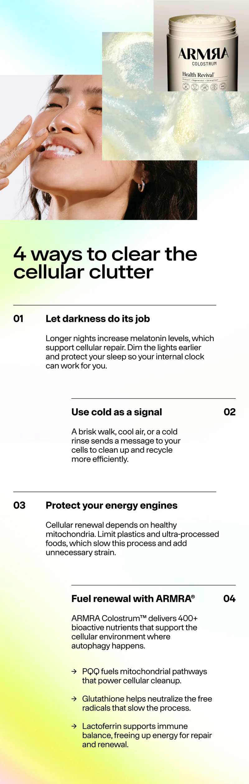 Person smiling with overlayed ARMRA product and text listing four ways to support cellular cleanup, including sleep, cold exposure, and nutrition.