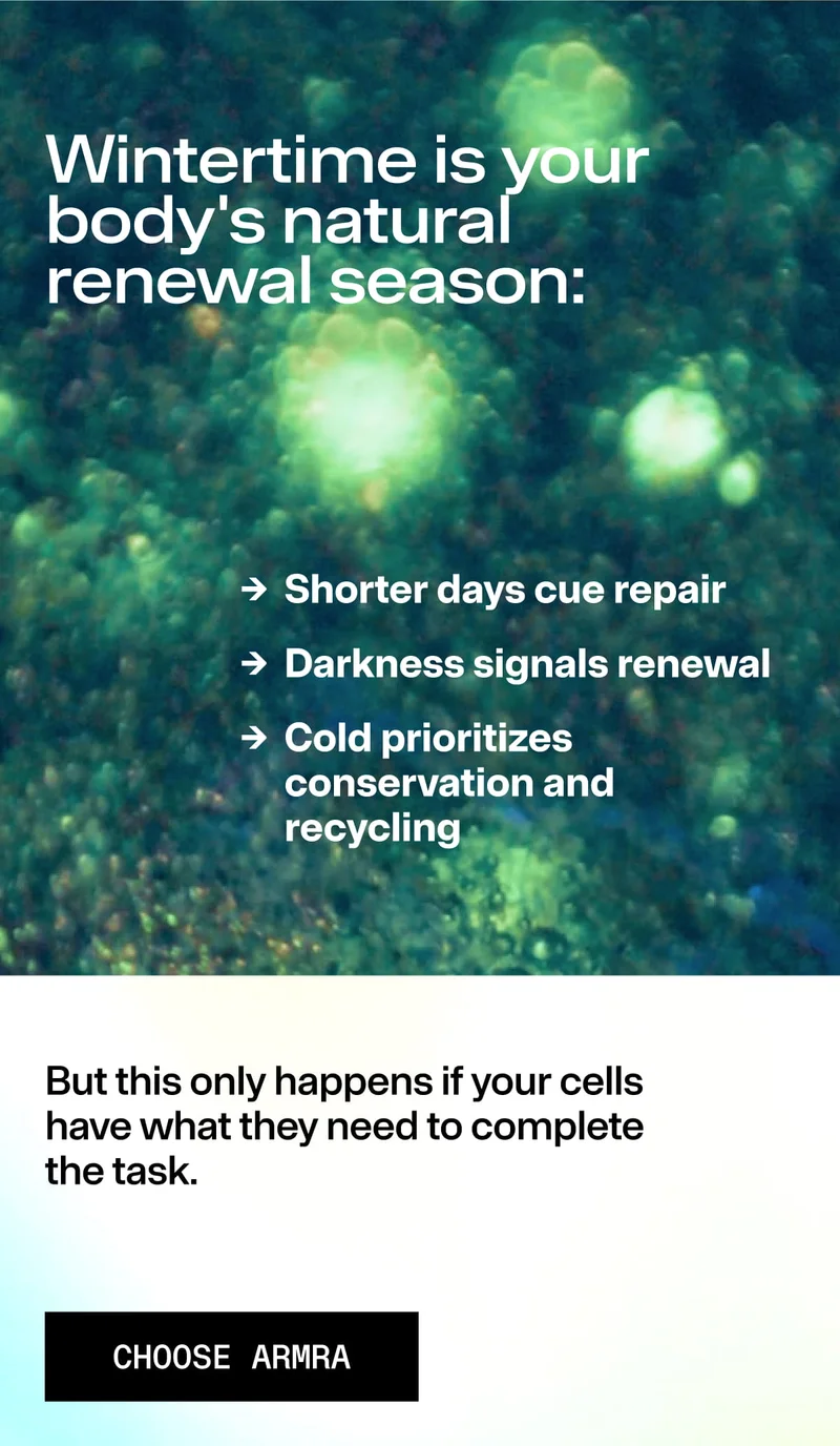 Abstract green and blue background with text explaining winter as the body’s natural renewal season and a ‘Choose ARMRA’ button.